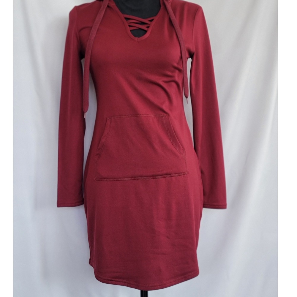 Derek Heart Burgundy Lace Up Hoodie Dress Long Sleeve Mini Kangaroo Pocket